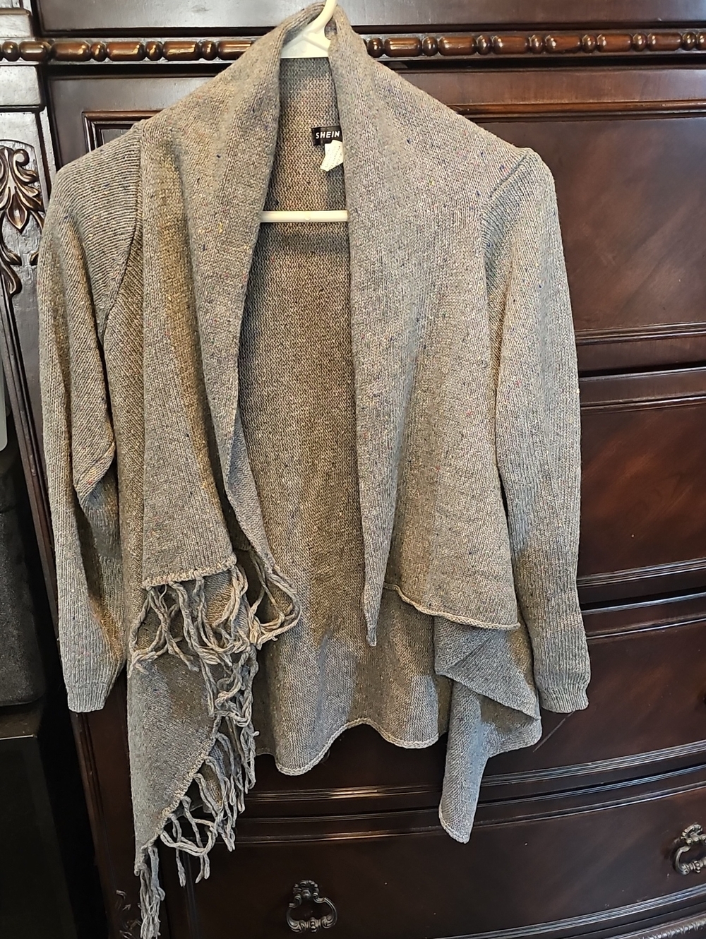 SHEIN Grey Draped Shawl-Collar Fringe Cardigan